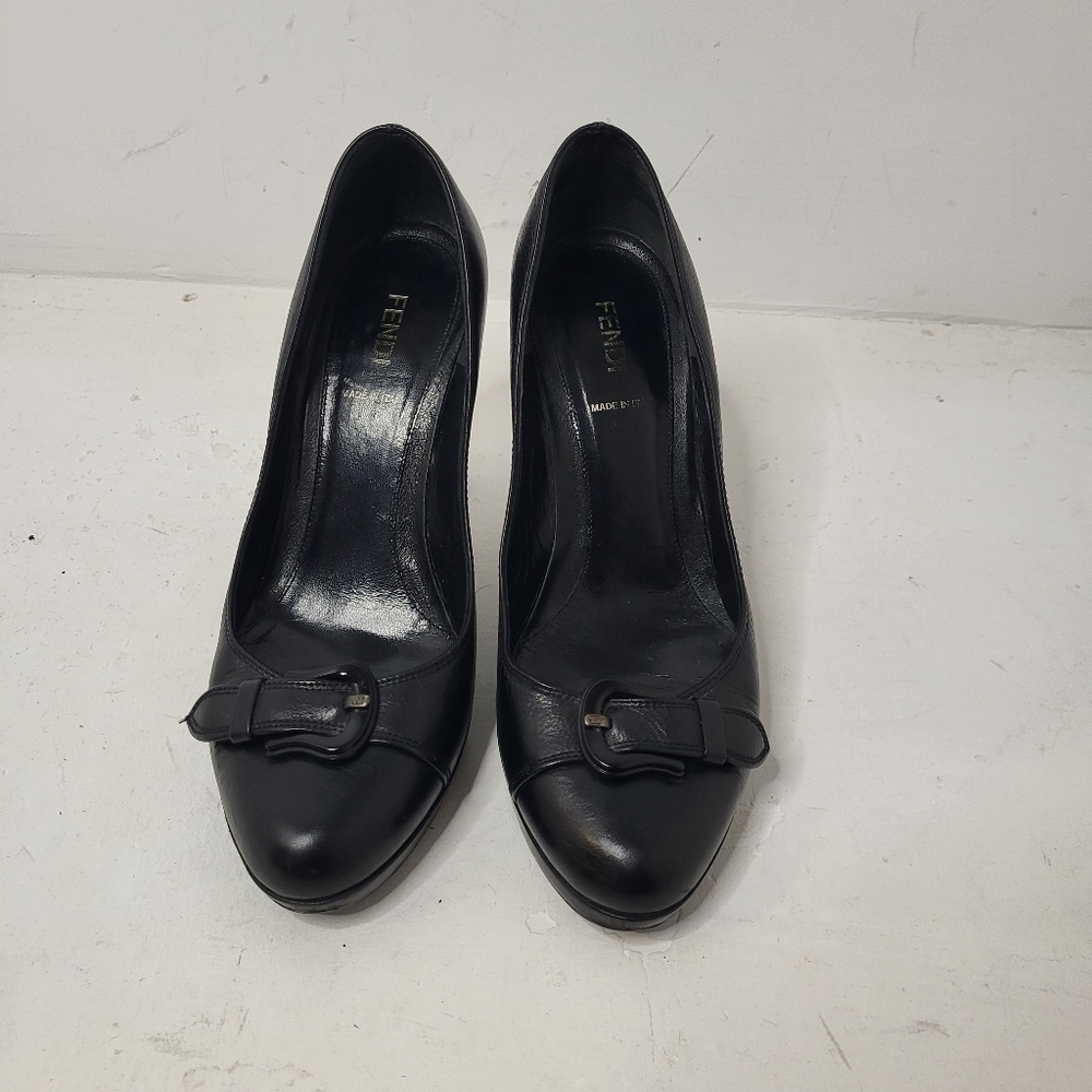 Fendi Womens Leather Almond Toe Stiletto Heel Buckle Strap Black Pumps Size 37.5